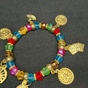 Pulseira Cigana – Pingentes Dourados e Cristais Coloridos | Sorte, Alegria e Prosperidade